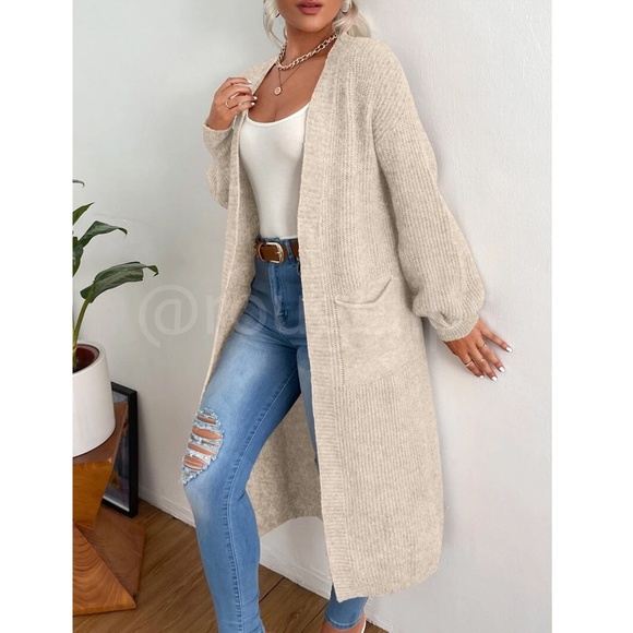 Oatmeal Beige Duster Cardigan Front Pockets Cable Knit Long Sleeve Midi Length - Picture 3 of 8